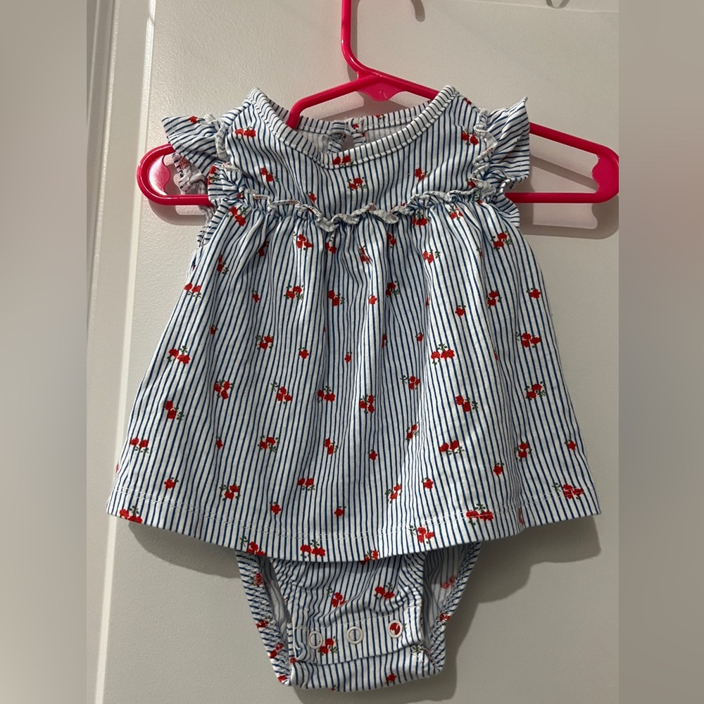 Carter's Blue & White Striped Dress with Red Floral Print